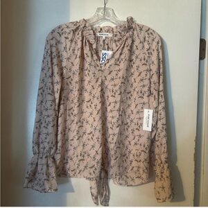 Pink Long Sleeve Blouse with Ruffled Tie Front